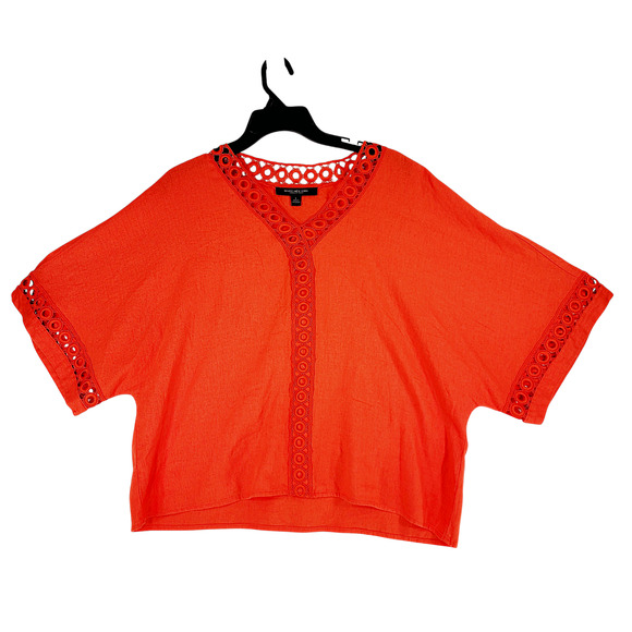 Marc New York Linen Crop Top L Womens Orangr Boxy Eyelet Lagenlook Nat Wings NEW - Picture 1 of 12